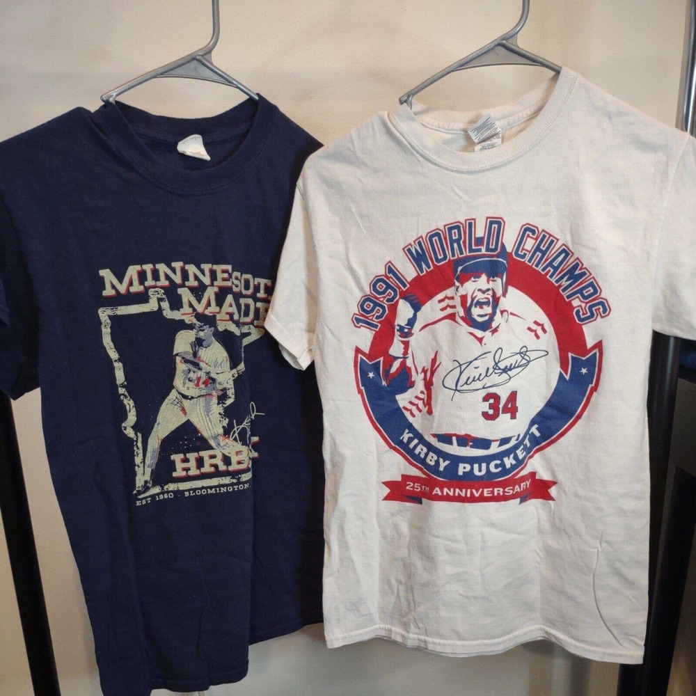 2 Minnesota Twins Shirts Kirby Puckett 1991 Champions 25th MLB Baseball Hrbek S